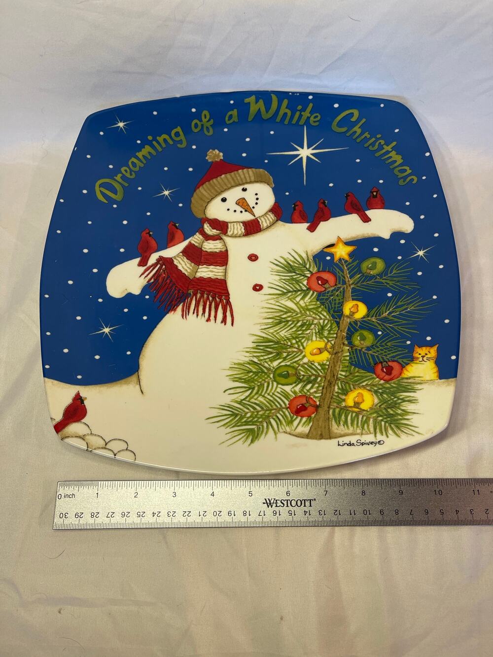 Linda Spivey White Christmas Rounded Square Snowman Serving Platter 11-3/4”